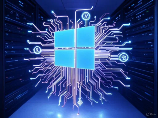 A digital illustration of the Windows logo surrounded by a network of glowing circuits in a data center.