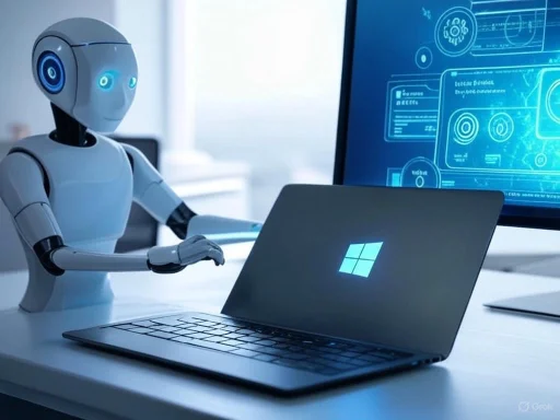 A humanoid robot working on a laptop in front of a computer with futuristic digital interface.