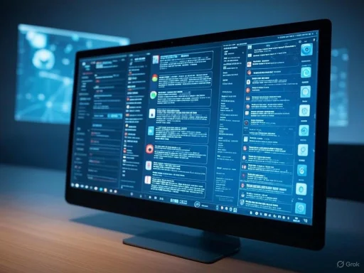 A futuristic computer desktop displays multiple social media feeds and digital interfaces with a blue sci-fi theme.