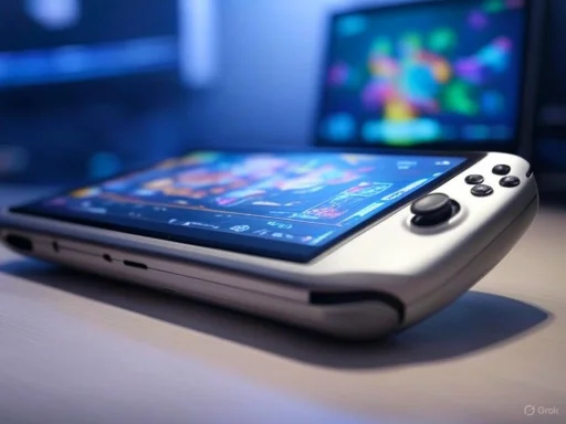 A handheld gaming console resting on a desk with a blurred computer monitor in the background. A handheld gaming console resting on a desk with a blurred computer monitor in the background.