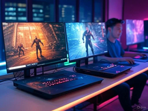 A young man playing a sci-fi video game on a multi-monitor gaming setup in a neon-lit room.