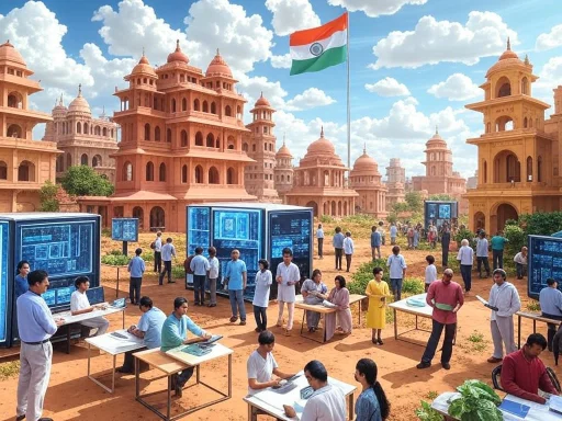 A large gathering of people at an outdoor event with digital displays in front of traditional Indian temples and an Indian flag flying high.