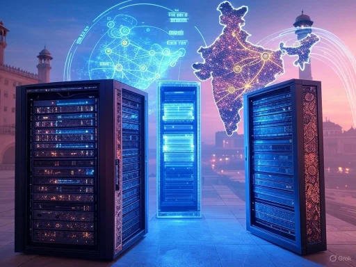 Data servers with digital map and network graphics overlay, symbolizing India's digital infrastructure.