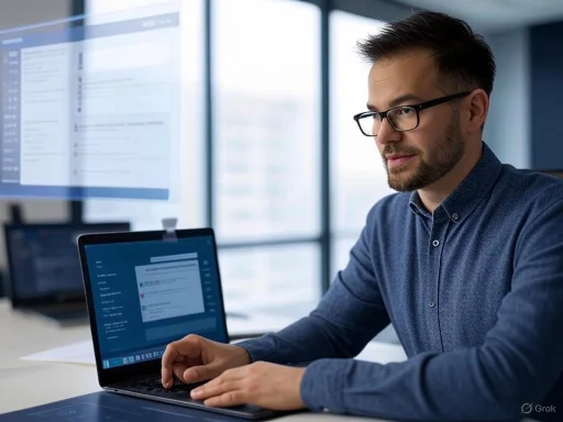 A man working on a laptop in a modern office, with screens displaying emails or documents.