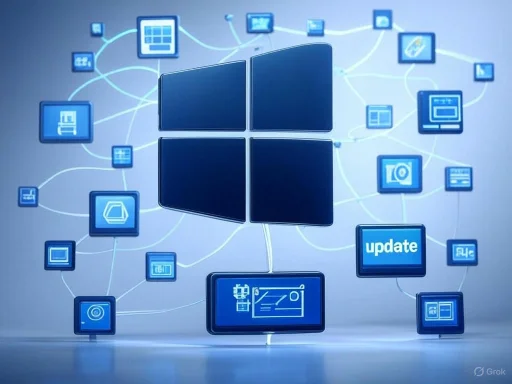 A digital illustration of a Windows logo surrounded by interconnected app icons and update symbols.
