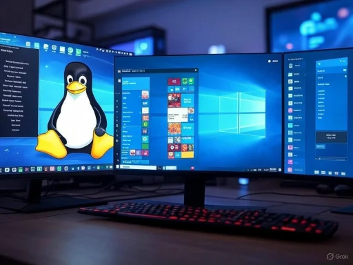 A triple-monitor setup displays a Linux mascot and Windows desktop with various applications open.