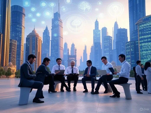 Business professionals using digital devices sit outdoors under a futuristic city skyline with digital neural network graphics overhead.