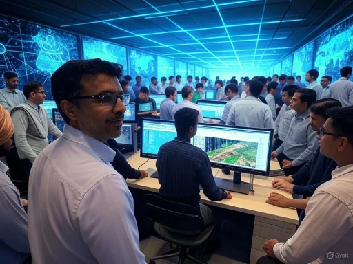 A busy control room with many professionals working on computers, analyzing data and digital maps.