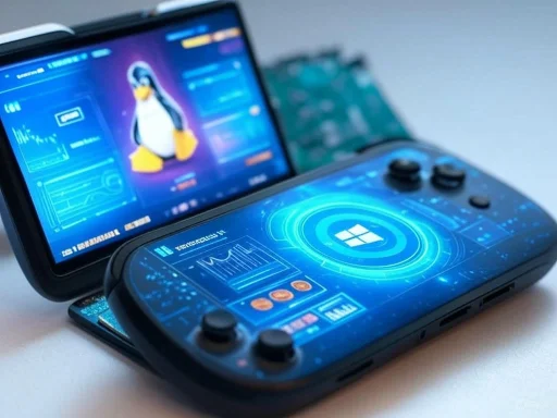 Two handheld gaming devices display futuristic digital interfaces with a penguin character on one screen.