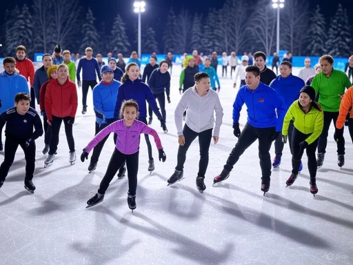 Group of people ice skating outdoors at night on a snowy rink under bright lights.