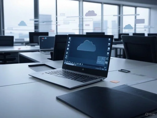 A modern office conference room with multiple laptops displaying cloud computing graphics on large windows.
