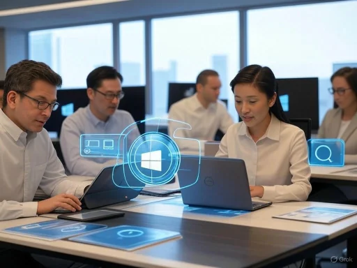 Business team collaborating with Windows-based digital interface and data icons in a modern office setting. Business team collaborating with Windows-based digital interface and data icons in a modern office setting.