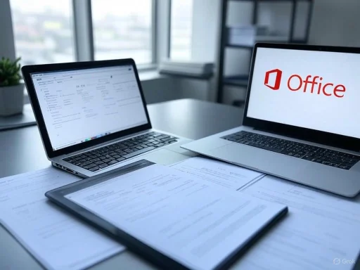 Two laptops displaying Office applications sit on a desk with papers, in a bright office environment. Two laptops displaying Office applications sit on a desk with papers, in a bright office environment.
