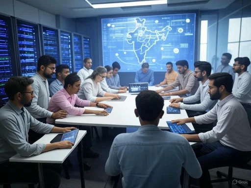 Team meeting in a high-tech control room with digital maps and data analysis displayed on screens.