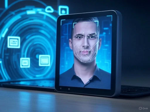 A person’s face is being scanned and analyzed with facial recognition technology on a futuristic digital device.