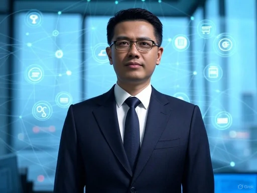 A professional man in a suit stands in front of a digital network interface with icons representing technology and finance.