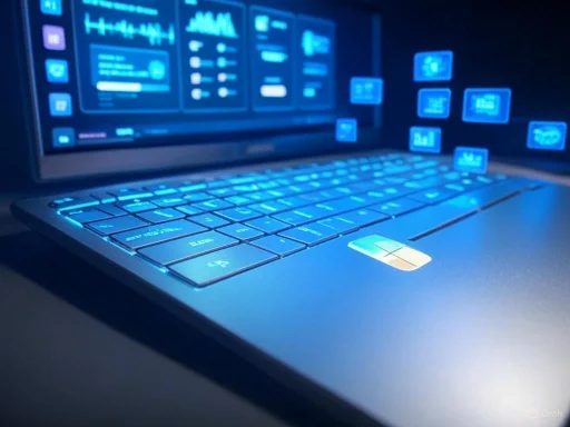 A close-up of a laptop with illuminated keys and holographic data visualizations on the screen.