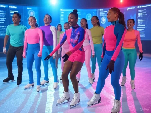 A diverse group of women smiling and skating in colorful outfits at an ice rink with futuristic screens in the background.