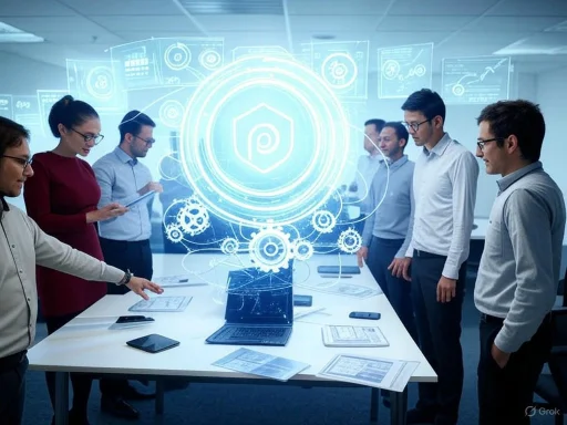 Group of professionals in a meeting room viewed with digital holographic data and security icons projected above a laptop.