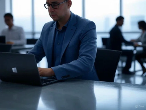 A professional man works on a laptop in a modern office with other colleagues in the background.