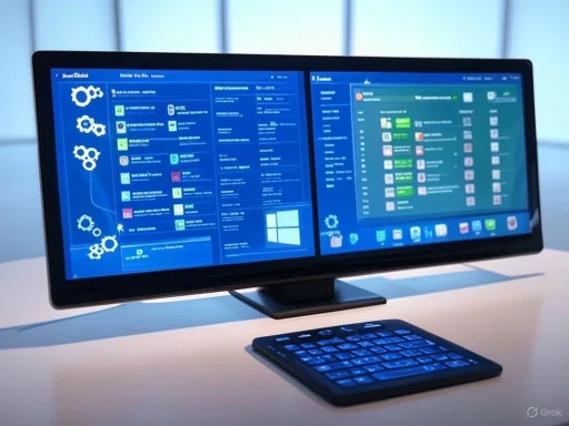 A dual-screen computer setup with a keyboard in front, displaying what appears to be business or data management software.
