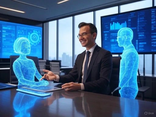 A businessman interacts with a holographic woman while another hologram man looks on in a modern office setting.