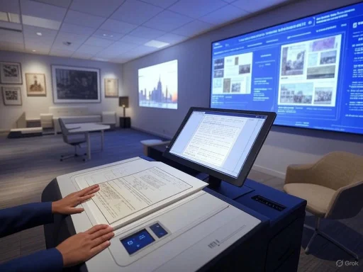 Person using a large digital scanning device to digitize documents in a modern conference room.
