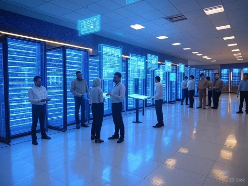 People observe and discuss data displayed on multiple glowing blue digital server or information panels in a high-tech facility.