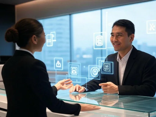 A businesswoman and businessman share a friendly conversation at a modern reception desk with holographic icons projected between them.