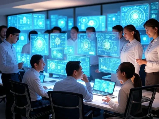 Team of professionals analyzing data on holographic screens in a high-tech control room.