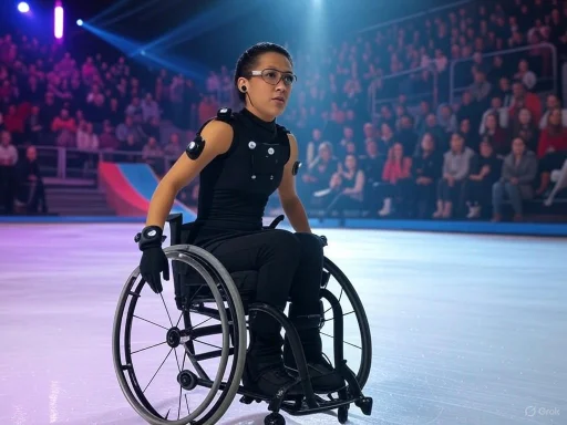 A female athlete in a wheelchair, wearing black sportswear and glasses, on an ice rink with an audience in the background.