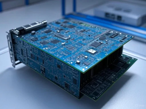 A close-up of a blue printed circuit board (PCB) with various components and chips, placed on a white surface.