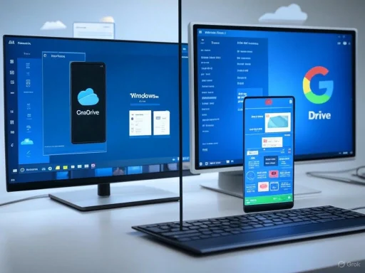 Displays of cloud storage and app management on multiple computer screens and a smartphone.