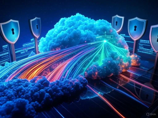 A digital illustration of cloud computing with data streams flowing through a cloud, surrounded by security shields and digital info.