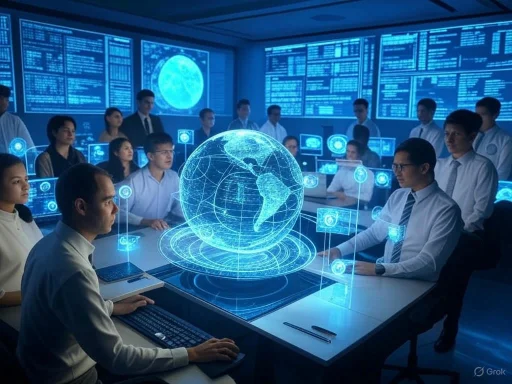 A high-tech briefing room with professionals analyzing global data using holographic and digital interfaces.