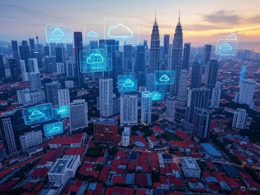 City skyline with digital cloud icons representing cloud computing technology over the buildings.