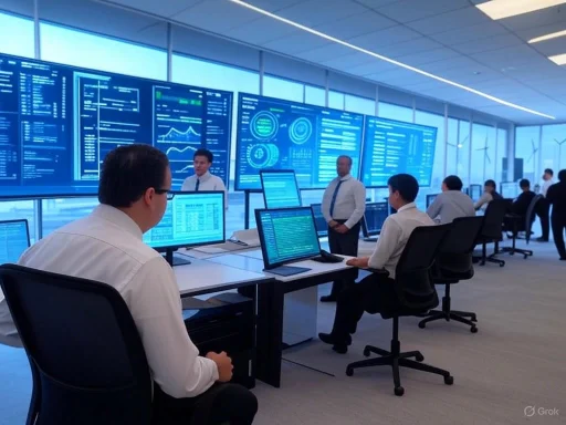 A team of professionals analyzing data on multiple screens in a modern control or operations center.