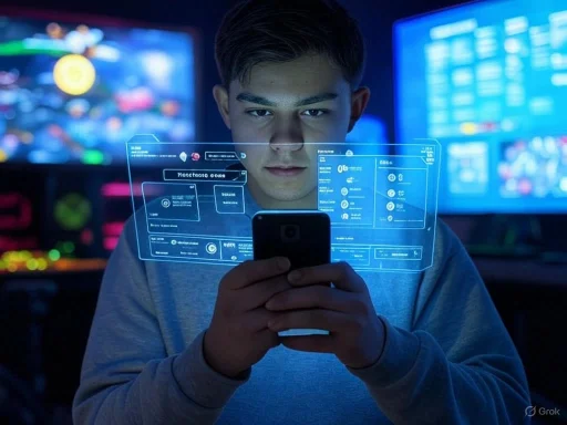 A young person interacts with a transparent, holographic digital interface while using a smartphone in a dark, tech-filled room.