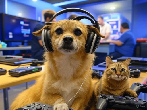 A dog wearing headphones and a cat sitting next to game controllers in a tech workspace.
