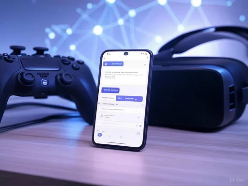 A gaming setup with a PlayStation controller, VR headset, and smartphone displaying a settings screen.
