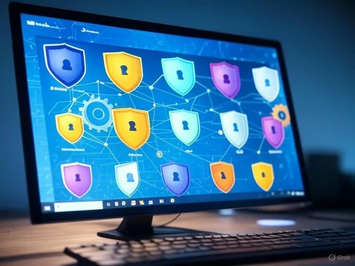 A computer monitor displays a digital network with various colored security shields representing cybersecurity protections.