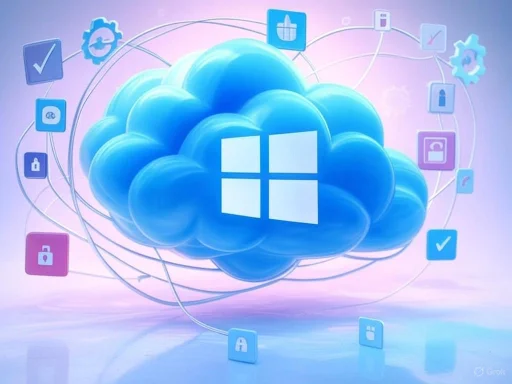 A digital illustration of a large blue cloud with the Windows logo, surrounded by various security and connectivity icons.