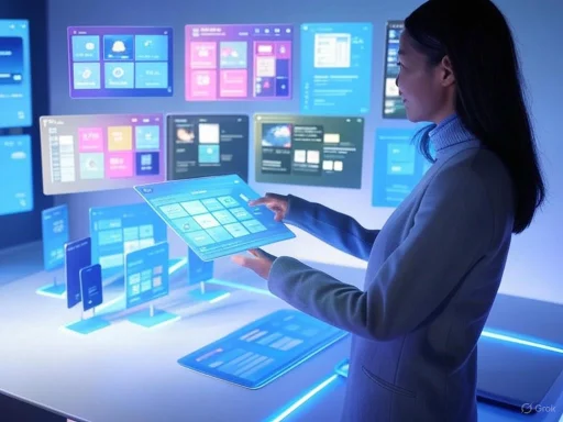 A woman interacts with multiple futuristic digital screens and devices in a high-tech environment.