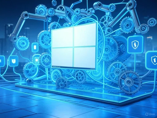 Digital illustration of a futuristic technology setup featuring a glowing Windows logo surrounded by interconnected gears and robotic arms.