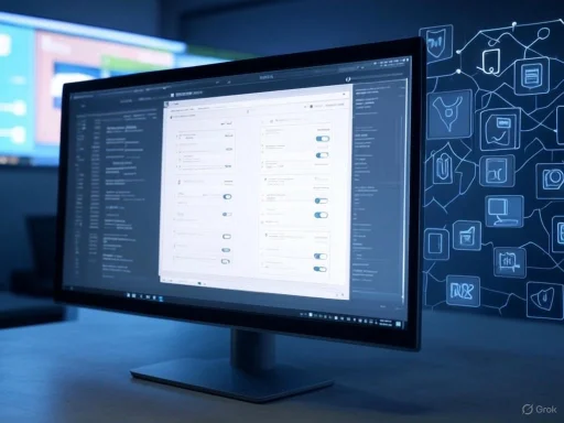 A computer monitor displays a digital interface in a high-tech environment, with digital icons on the wall beside it.