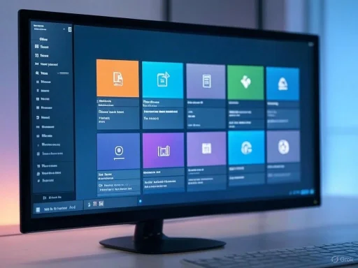 A computer monitor displays a colorful dashboard with various app icons and menus in a modern workspace. A computer monitor displays a colorful dashboard with various app icons and menus in a modern workspace.