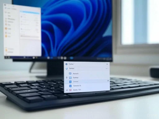A computer setup showing a monitor, keyboard, and a pop-up menu on a Windows 11 desktop.