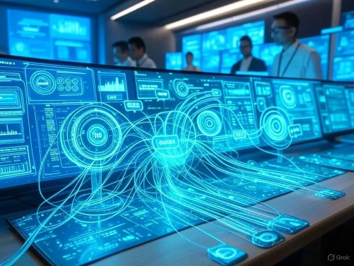 Futuristic digital interface displays interconnected data streams with professionals analyzing in the background. Futuristic digital interface displays interconnected data streams with professionals analyzing in the background.