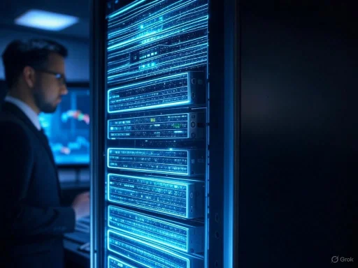 A person working in a server room with illuminated blue server racks and data displays.