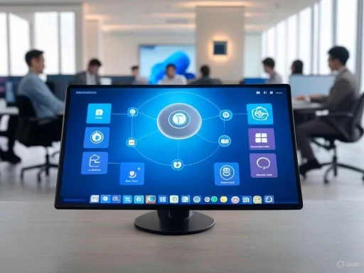 A conference room with a digital presentation displayed on a monitor at the forefront, showing icons and data around a central circle.